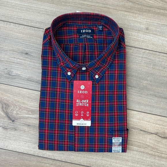 Izod Other - NWT Izod Men's Red and Navy Plaid Button Down Shirt - Size XXL 18-18.5 34/35